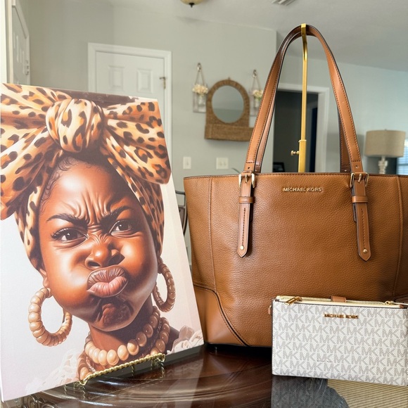 Michael Kors Handbags - 2fer set Michael Kors Cognac Pebbled Leather Tote with MK Logo Wristlet